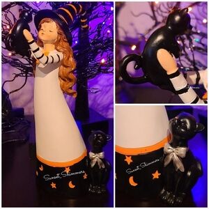 13" Halloween Witch With Mama Black Cat & Baby Kitten Figurine Statue Decor New
